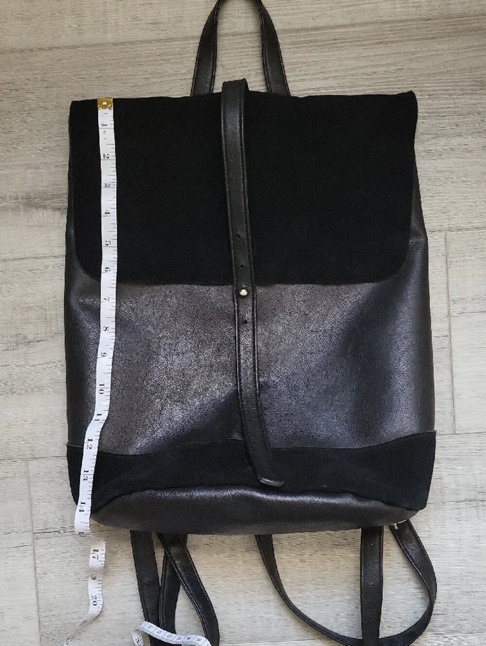 Black Faux Leather and Suede Fold-Over Backpack